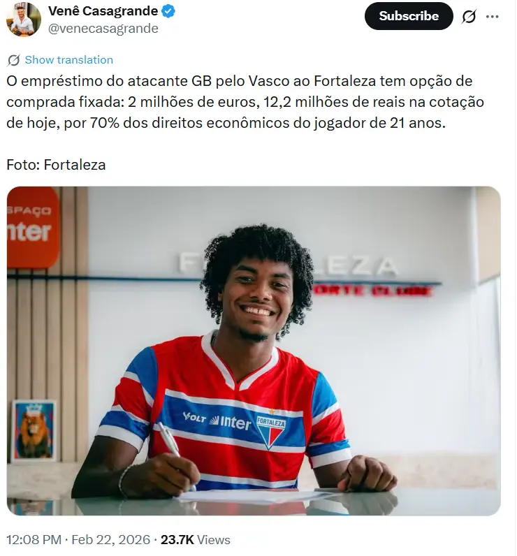 GB pertence ao Vasco e está emprestado o Fortaleza - Foto: Print