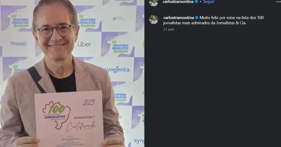 Carlos Tramontina esteve entre os 100 jornalistas mais admirados da Jornalista&Cia em 2025 (Foto Reprodução/Instagram/@Carlos Tramontina) Carlos Tramontina esteve entre os 100 jornalistas mais admirados da Jornalista&Cia em 2025 (Foto Reprodução/Instagram/@Carlos Tramontina)
