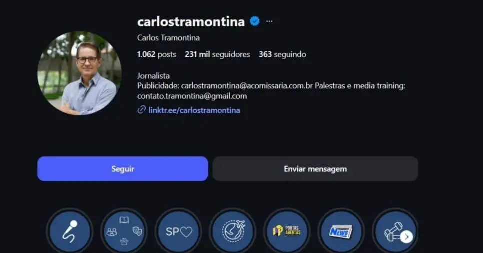 Carlos Tramontina se dedica atualmente a seus projetos e palestras (Foto Reprodução/Instagram/@ Carlos Tramontina) Carlos Tramontina se dedica atualmente a seus projetos e palestras (Foto Reprodução/Instagram/@ Carlos Tramontina)