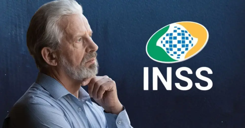 Idoso pensando e logo do INSS (Foto: Montagem TV Foco / Canva / Internet)