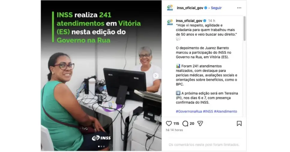 Anúncio do INSS sobre Programa na Rua em Vitória (Foto: Reprodução / Instagram)