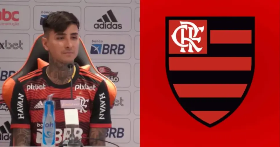 Erick Pulgar e escudo do Flamengo (Reprodução: YouTube/Internet) Erick Pulgar e escudo do Flamengo (Reprodução: YouTube/Internet)