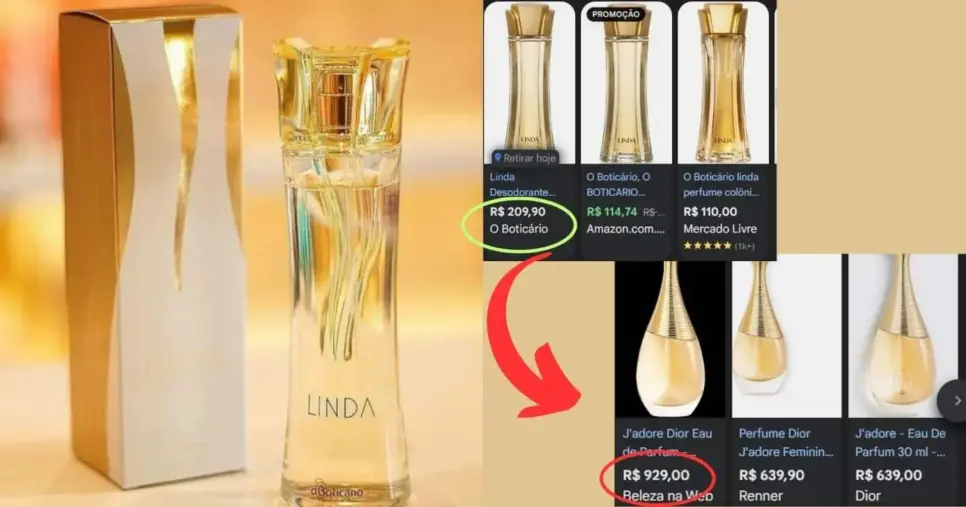 Linda -O Boticário x J'Adore Dior (Foto Reprodução/Montagem/Lennita/TV Foco/Google Shopping/Boticário) Linda -O Boticário x J'Adore Dior (Foto Reprodução/Montagem/Lennita/TV Foco/Google Shopping/Boticário)