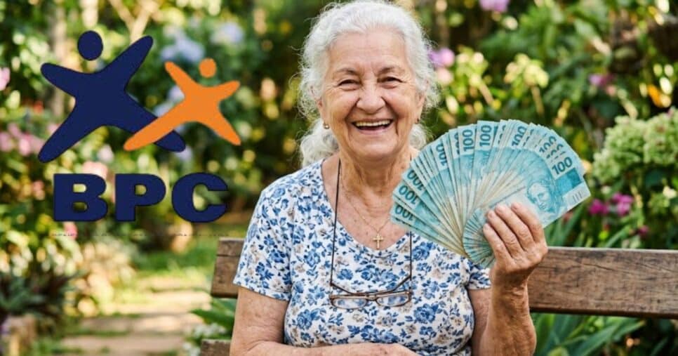 Logo BPC e idosa segurando notas de cem reais (Foto: Montagem  / GMN)