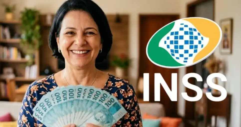 Mulher segurando notas de cem reais e logo do INSS (Foto: Montagem TV Foco / GMN / Internet) Mulher segurando notas de cem reais e logo do INSS (Foto: Montagem TV Foco / GMN / Internet)