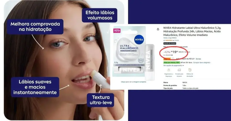 Balm Nivea Hidratante Labial Ultra Hialurônico /Média de valores(Foto Reprodução/Montagem/Lennita/TV Foco/Canva/Nivea/Amazon)