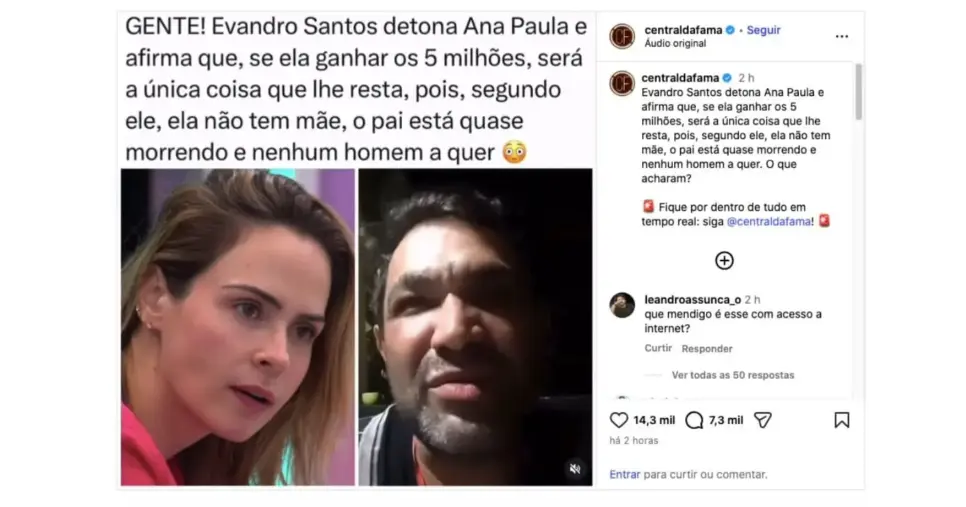 Publicação de Evandro Santos sobre Ana Paula Renault (Foto: Reprodução / Instagram)