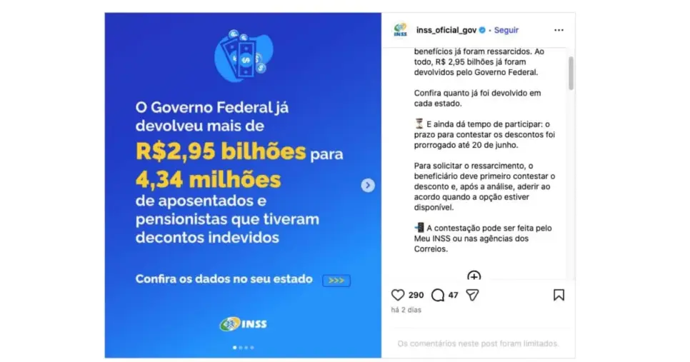 Publicação do INSS sobre ressarcimento (Foto: Reprodução / Instagram)