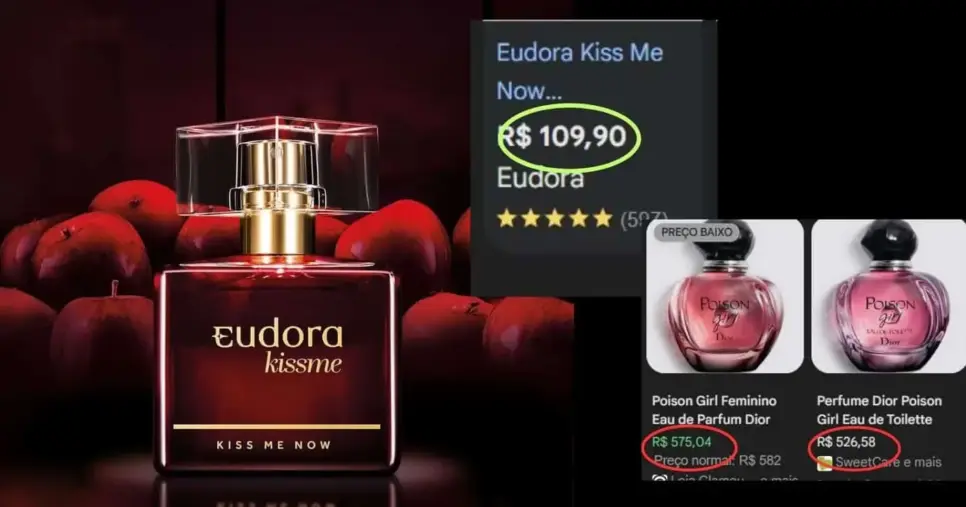 Eudora Kiss Me Now x Poison Girl (Foto Reprodução/Montagem/Lennita/TV Foco/Google Shopping/Eudora) Eudora Kiss Me Now x Poison Girl (Foto Reprodução/Montagem/Lennita/TV Foco/Google Shopping/Eudora)
