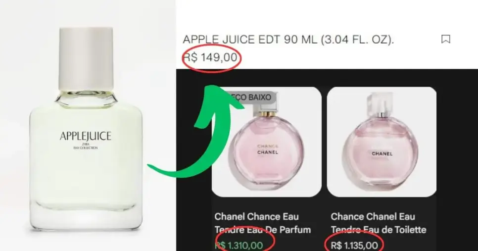 Diferença de valores entre o Apple Juice e o Chanel Chance Tendre (Foto Reprodução/Montagem/Lennita/TV Foco/Google Shopping/Zara)