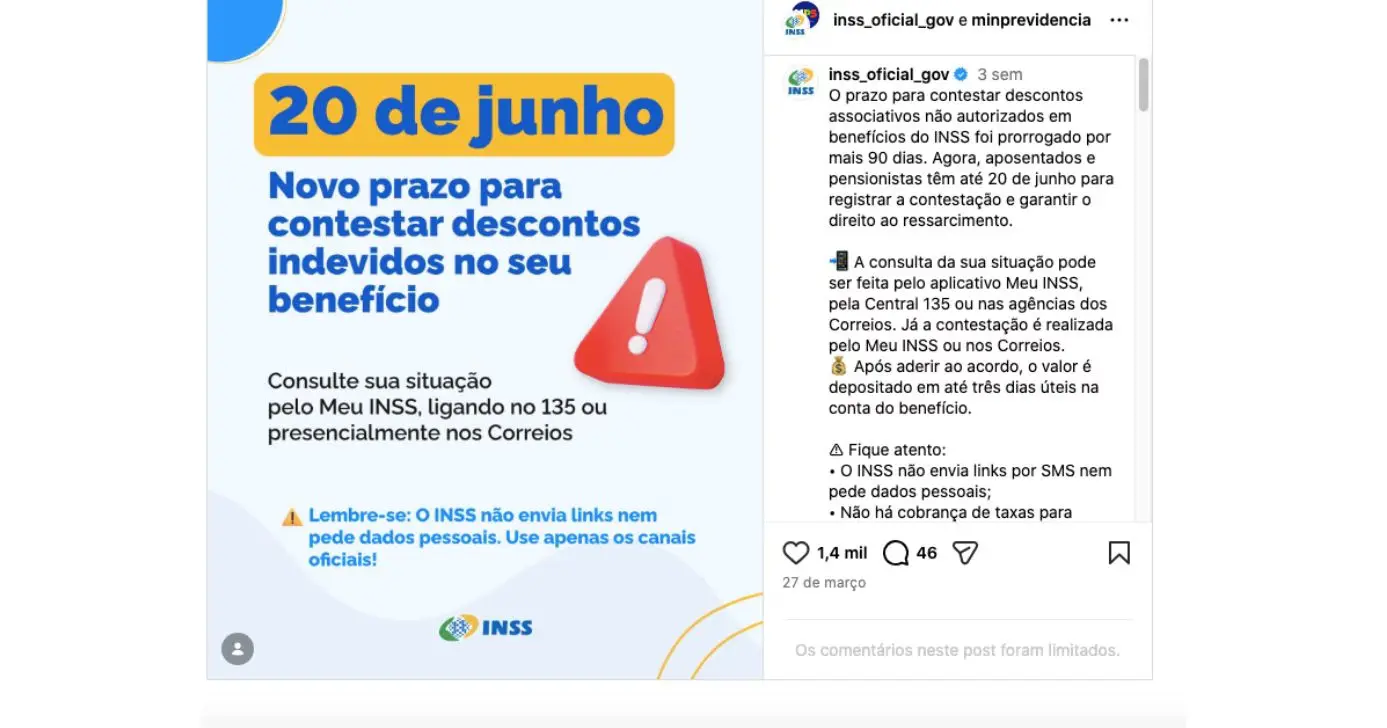 Anúncio do INSS sobre contestação de descontos (Foto: Reprodução / Instagram) 
