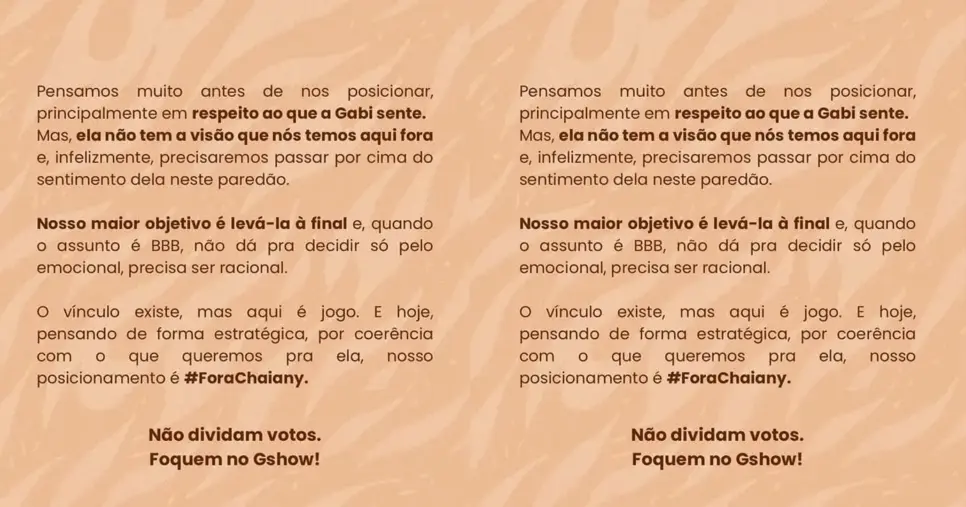 BBB26 - Equipe de Gabriela puxa votos para eliminar Chaiany e choca fãs (Foto: Reprodução - Instagram) 