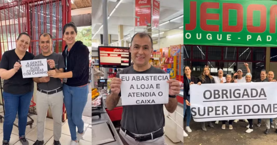 Funcionários do supermercado participaram do vídeo usando plaquinhas com as funções que exerciam - Fotos Redes Sociais Funcionários do supermercado participaram do vídeo usando plaquinhas com as funções que exerciam - Fotos Redes Sociais