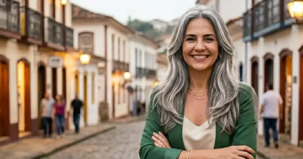 Mulher com o cabelo grisalho e corte em camadas (Foto: Montagem TV Foco / GMN) Mulher com o cabelo grisalho e corte em camadas (Foto: Montagem TV Foco / GMN)