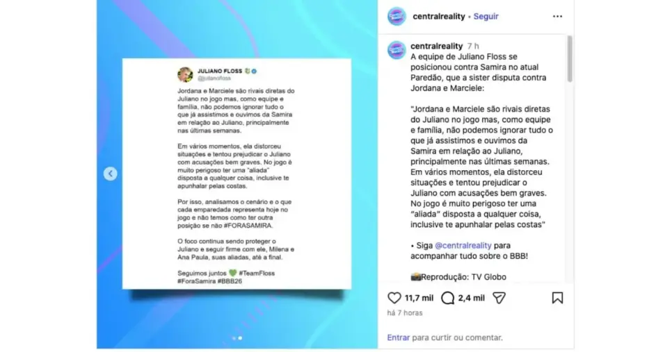 Equipe de Juliano Floss puxa voto para Samira (Foto: Reprodução / Instagram) 
