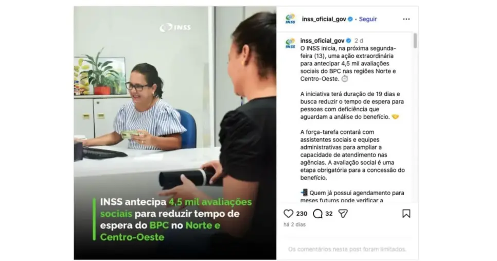 INSS inicia força-tarefa extraordinária para avaliações do BPC (Foto: Reprodução / Instagram)