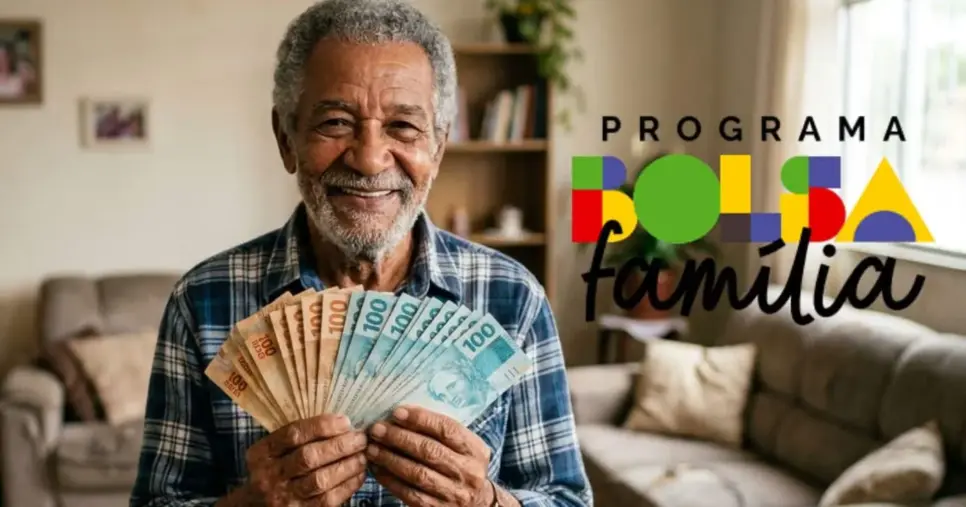 Ilustração idoso e logo Bolsa Família (Foto: Montagem TV Foco / GMN / Governo Federal)