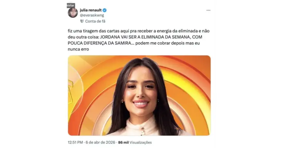 Previsão aponta saída de Jordana no BBB26 (Foto: Reprodução / X) 