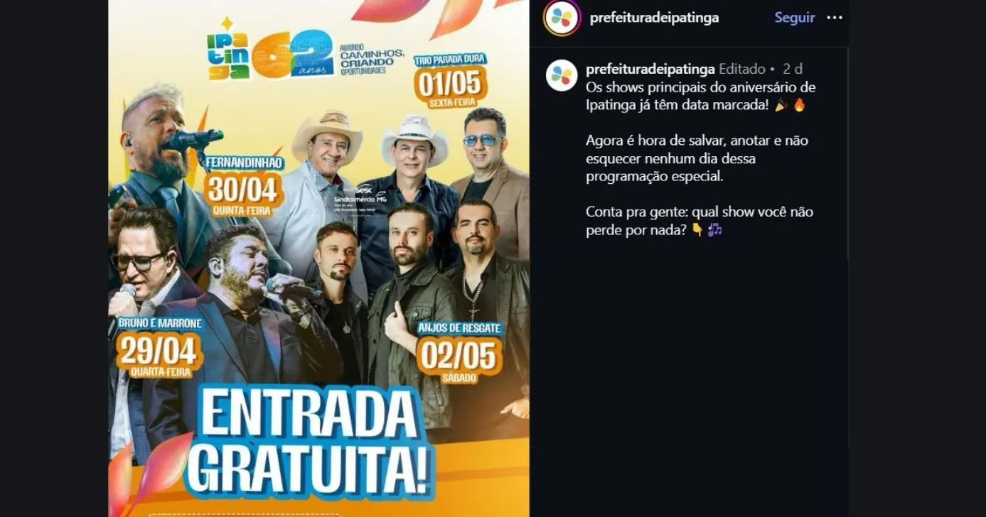 Feriado de aniversário da cidade de Ipatinga contará com shows para celebrar (Foto Reprodução/Instagram) Feriado de aniversário da cidade de Ipatinga contará com shows para celebrar (Foto Reprodução/Instagram)