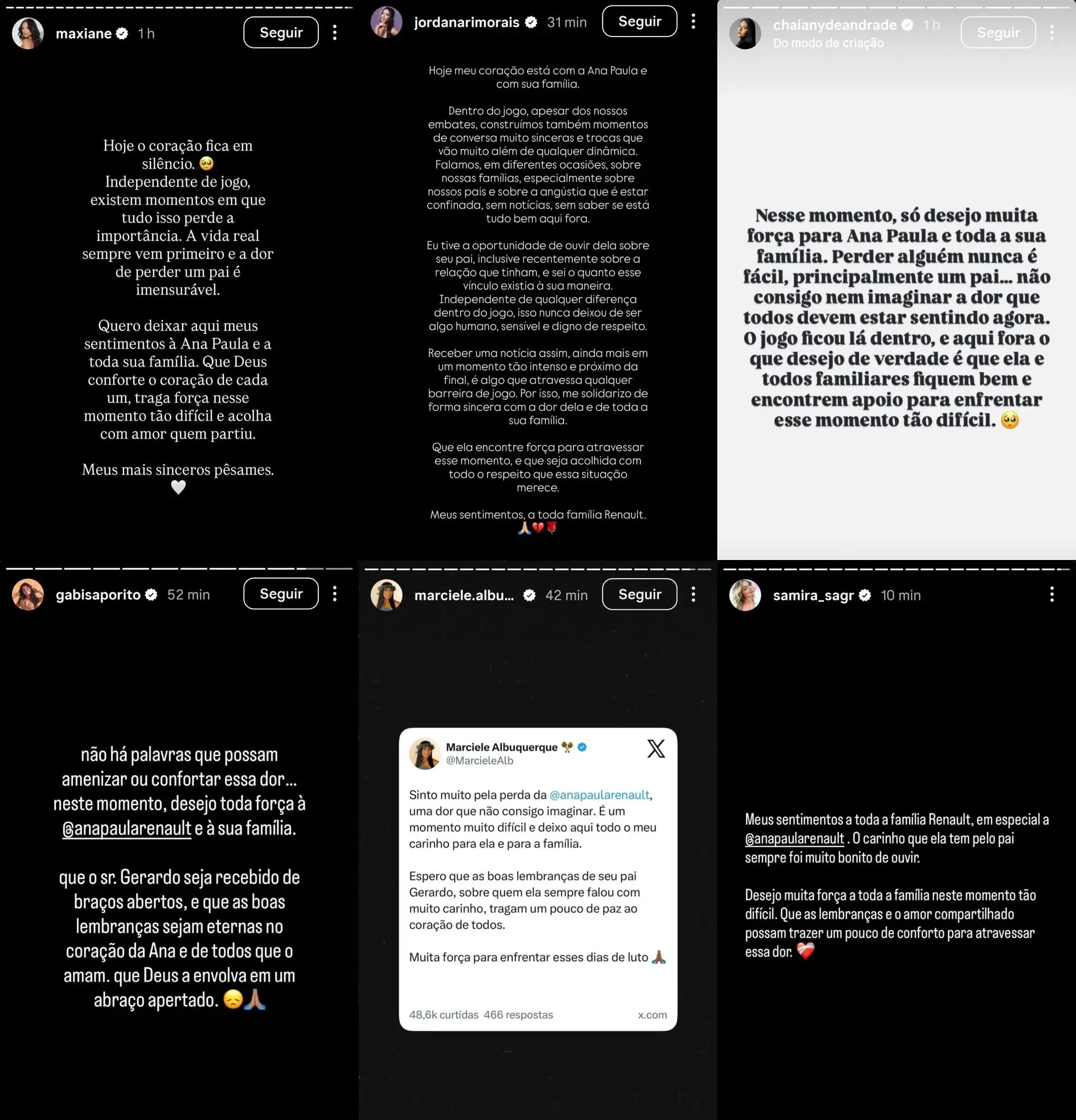 Rivais no BBB26 reagem morte do pai de Ana Paula (Foto: Reprodução / Instagram / X) Rivais no BBB26 reagem morte do pai de Ana Paula (Foto: Reprodução / Instagram / X)