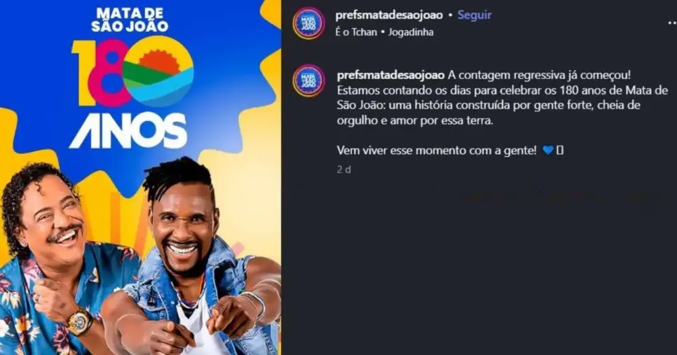 Programação de feriado e aniversário da cidade Mata de São João (Foto Reprodução/Instagram/@prefsmatasãojoao) Programação de feriado e aniversário da cidade Mata de São João (Foto Reprodução/Instagram/@prefsmatasãojoao)