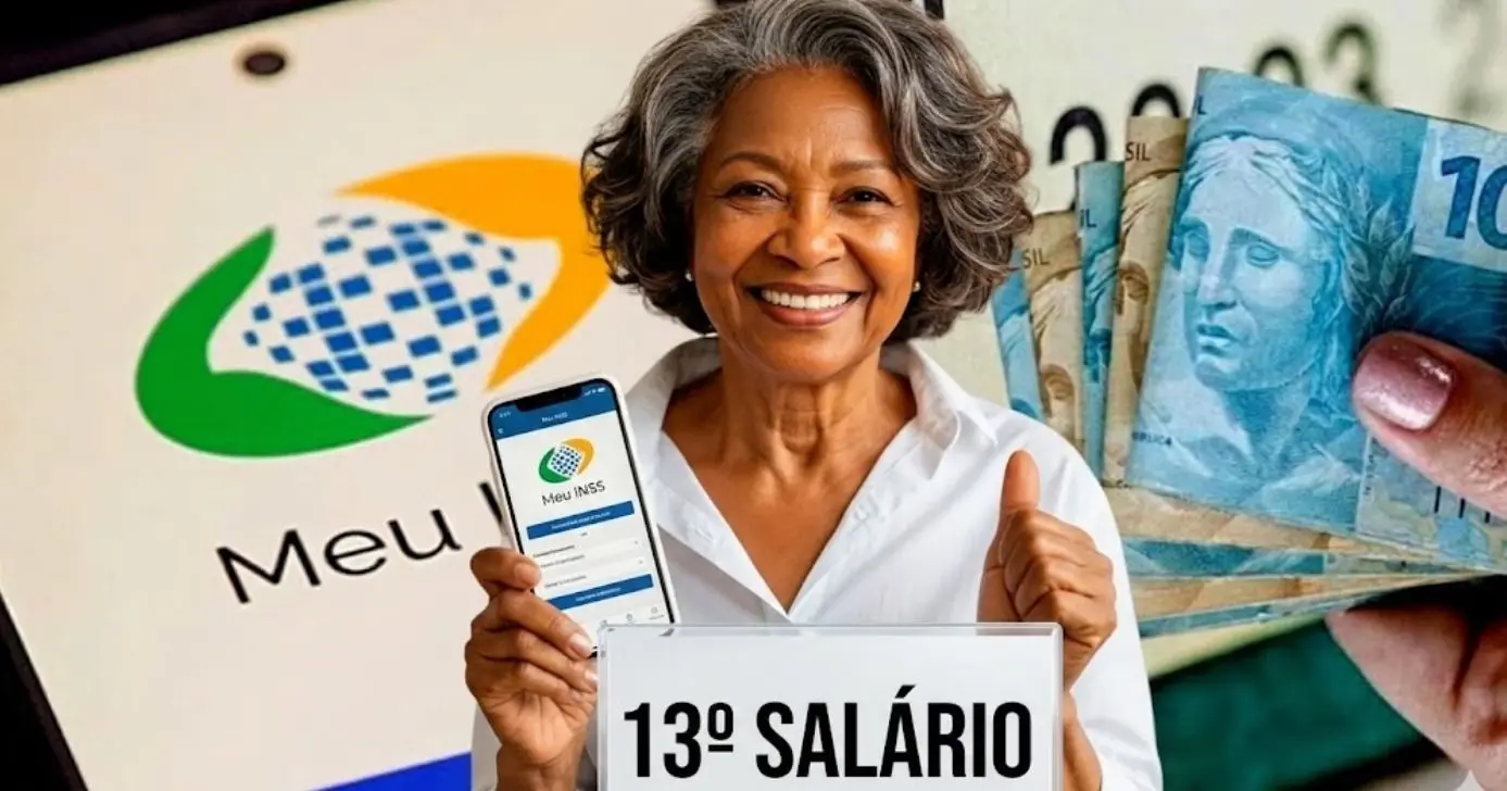 Mulher idosa feliz com dinheiro/Logo do INSS (Foto Reprodução/Montagem/Lennita/TV Foco/Canva/GMN)