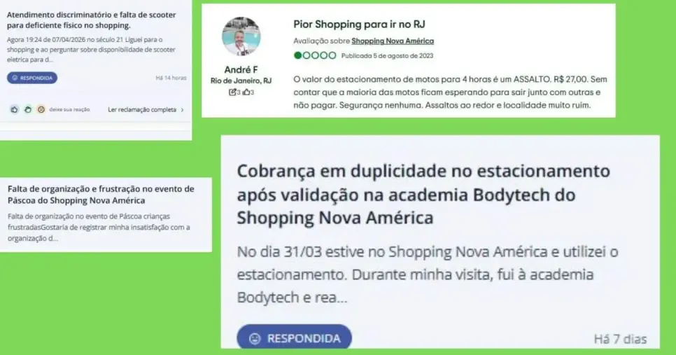 Reclamações coletadas no Trip Advisor e RA sobre o Novo América (Foto Reprodução/Montagem/Lennita/TV Foco/Canva/Sites oficiais) Reclamações coletadas no Trip Advisor e RA sobre o Novo América (Foto Reprodução/Montagem/Lennita/TV Foco/Canva/Sites oficiais)