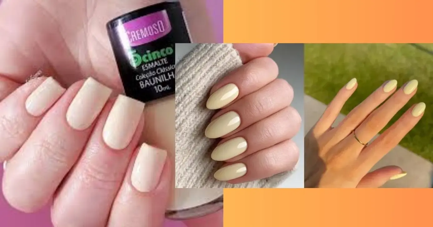 Unha com esmalte amarelo baunilha (Foto Reprodução/Montagem/TV Foco/Lennita/YouTube/Pinterest)