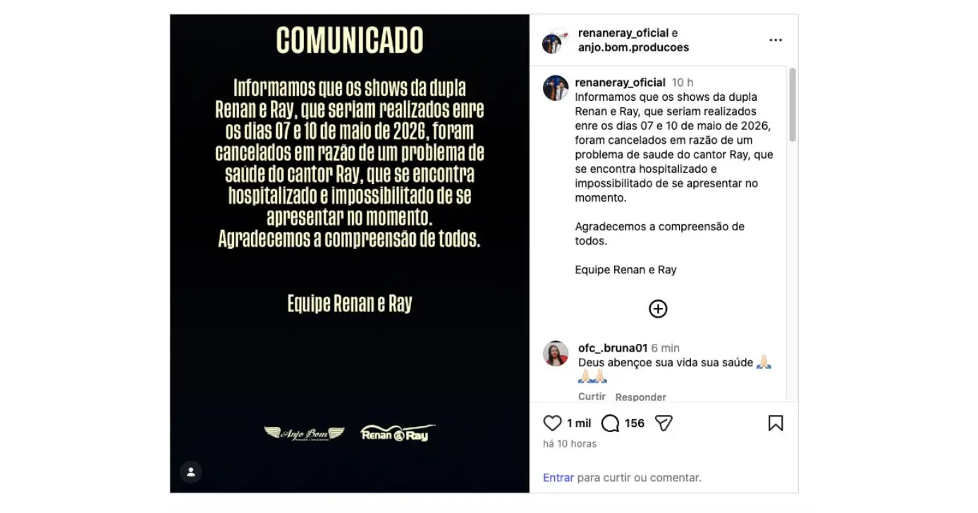 Assessor de cantor confirma cancelamento de shows da dupla Renan e Ray (Foto: Reprodução / Instagram) 