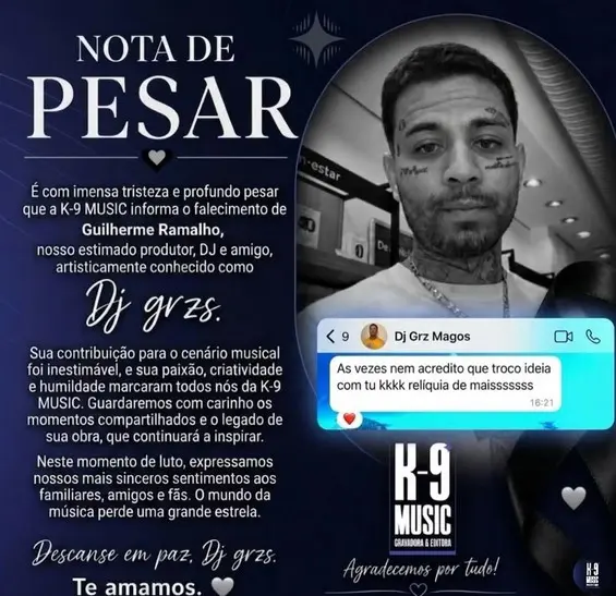 Nota de pesar de DJ GRZS (Foto: Reprodução / Instagram) Nota de pesar de DJ GRZS (Foto: Reprodução / Instagram)