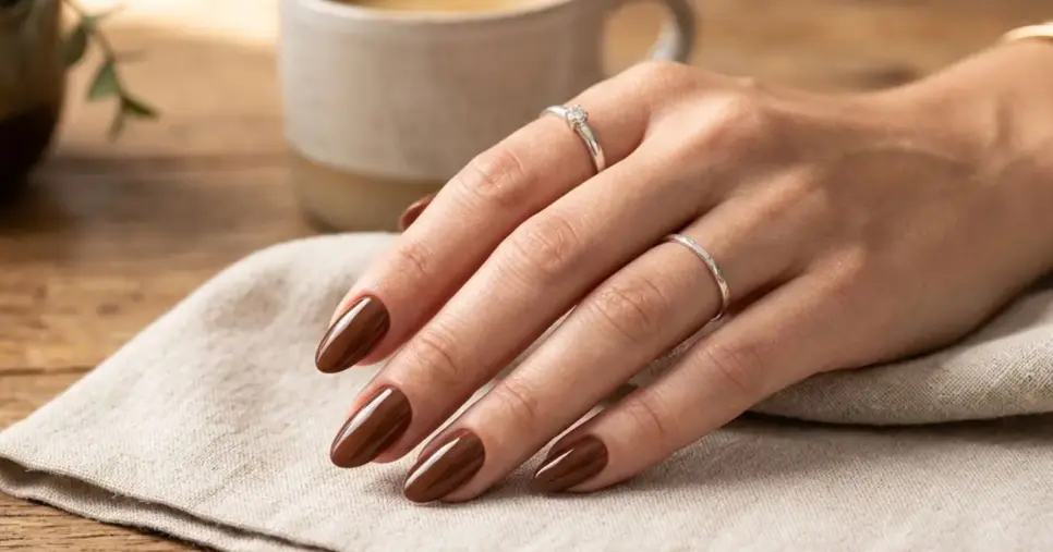Unha com esmalte marrom (Foto: Montagem TV Foco / GMN)
