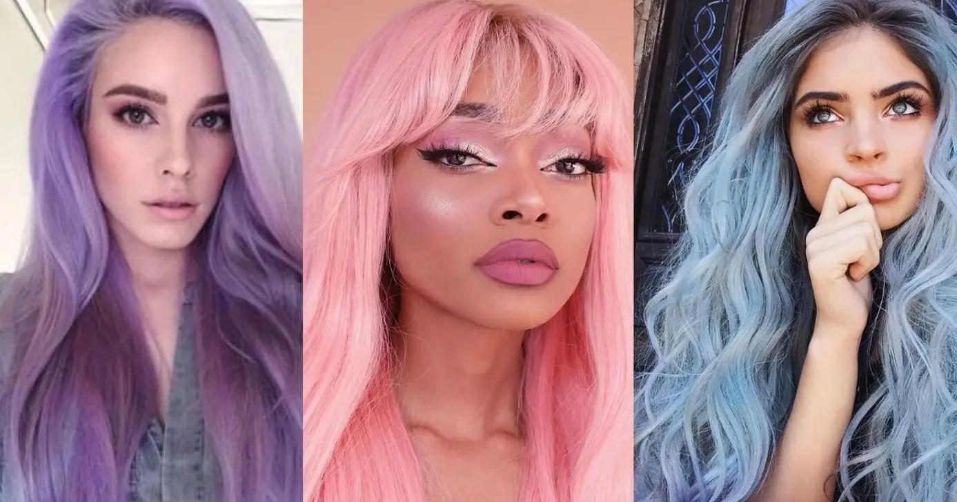 Cores de cabelo em tom pastel nas opções lavanda, rosa e azul (Foto Reprodução/Montagem/TV Foco/Canva/Lennita/Pinterest) Cores de cabelo em tom pastel nas opções lavanda, rosa e azul (Foto Reprodução/Montagem/TV Foco/Canva/Lennita/Pinterest)
