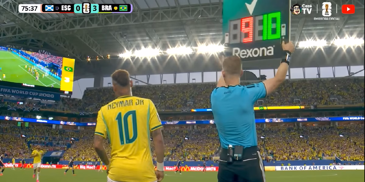 Neymar estreando na Copa de 2026 (Foto: Reprodução/ YouTube/ Globo) Neymar estreando na Copa de 2026 (Foto: Reprodução/ YouTube/ Globo)