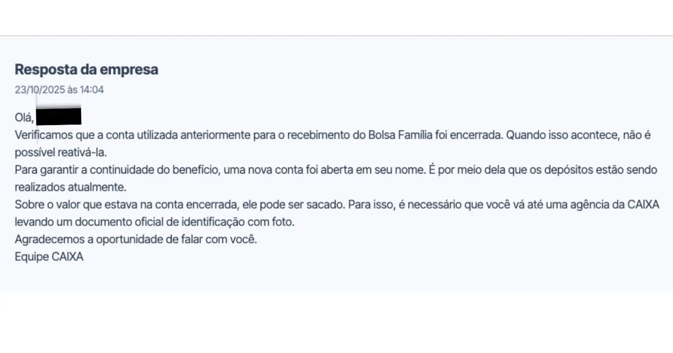 Comunicado da Caixa sobre o Bolsa Família (Foto: Reprodução / Reclame Aqui) 