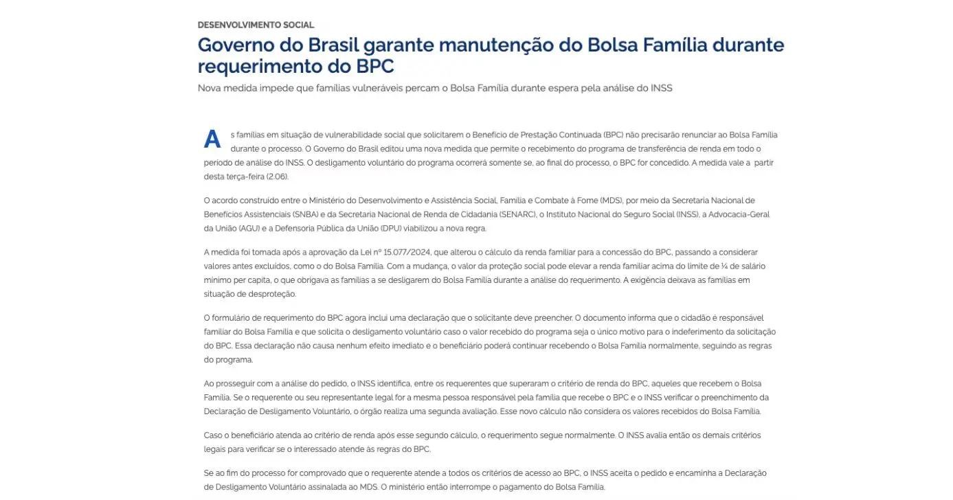Comunicado do Governo Federal sobre BPC e Bolsa Família (Foto: Governo Federal) 