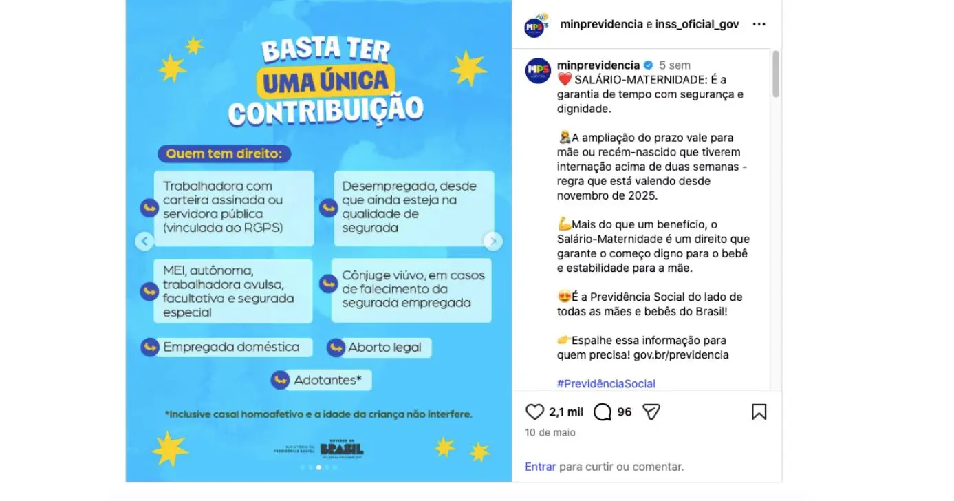 Comunicado do INSS sobre salário-maternidade (Foto: Reprodução / Instagram) 