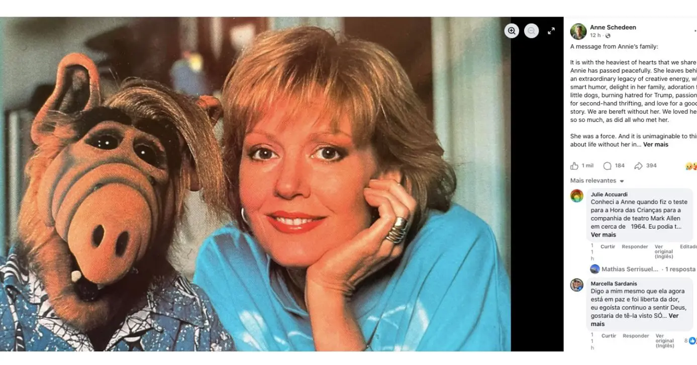 Comunicado sobre morte de Anne Schedeen, estrela de fenômeno do SBT (Foto: Reprodução / Facebook) Comunicado sobre morte de Anne Schedeen, estrela de fenômeno do SBT (Foto: Reprodução / Facebook)