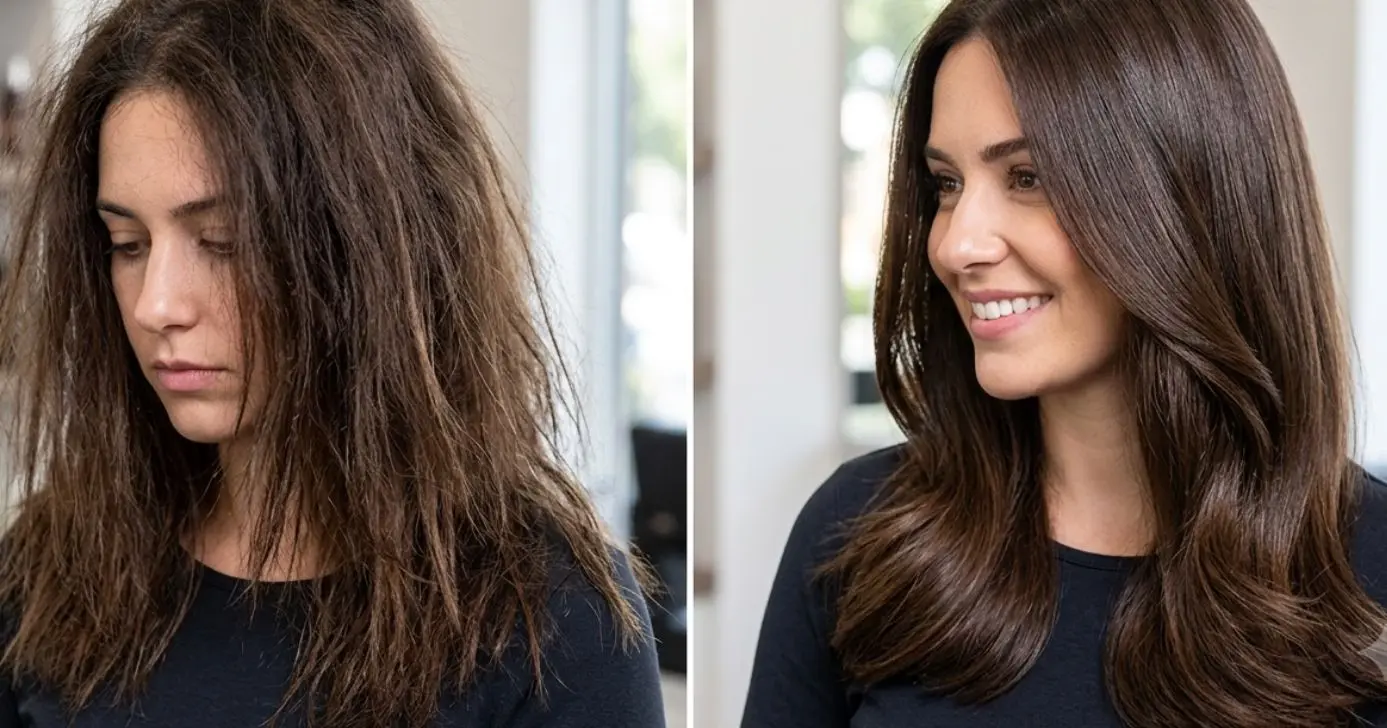 Ilustração antes e depois de cabelo ressecado com creme Eudora (Foto: Montagem TV Foco / GMN)