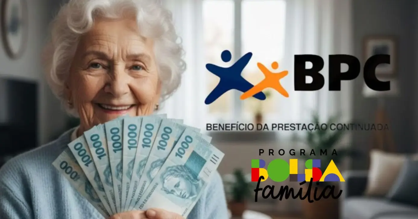 Ilustração idosa, logo Bolsa Família e BPC (Foto: Montagem TV Foco / GMN / Internet)