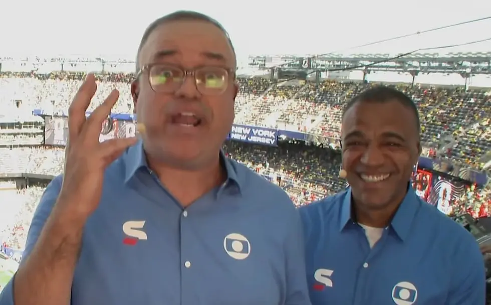 Everaldo Marques e Denilson no esquenta para Brasil x Marrocos sábado (13) (Foto: Reprodução / Globo) Everaldo Marques e Denilson no esquenta para Brasil x Marrocos sábado (13) (Foto: Reprodução / Globo)