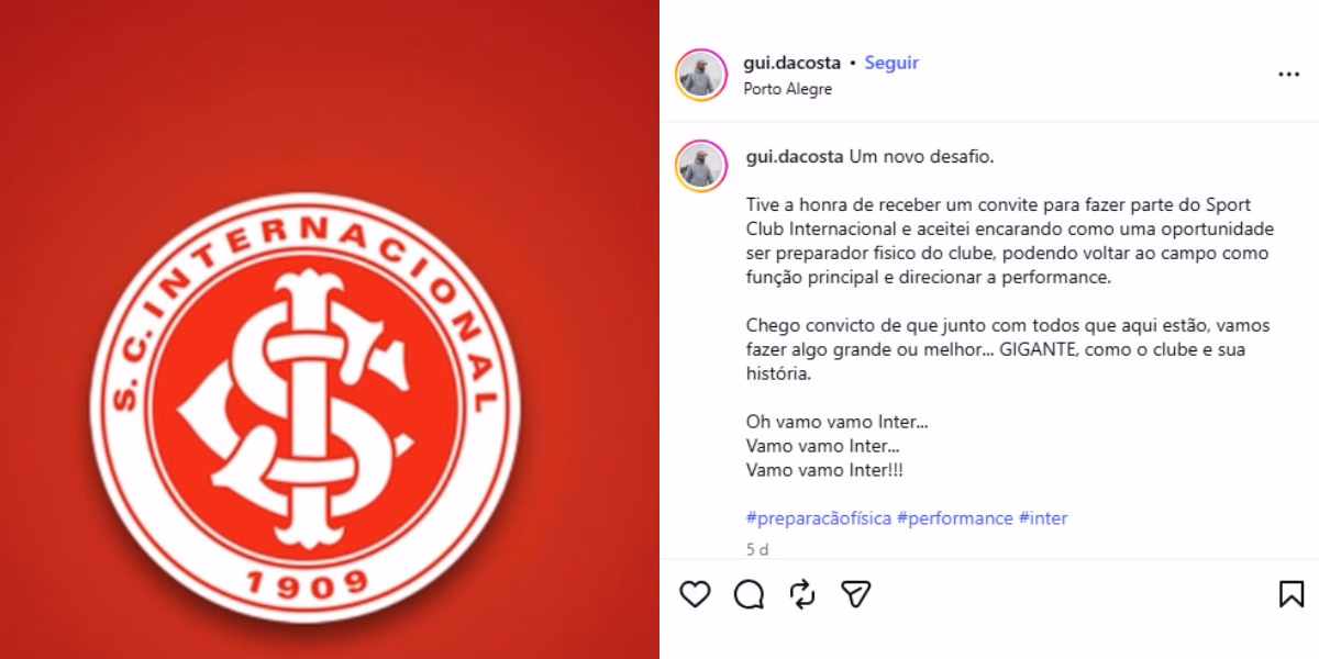 Guilherme da Costa é o novo reforço do Internacional (Reprodução: Instagram) Guilherme da Costa é o novo reforço do Internacional (Reprodução: Instagram)