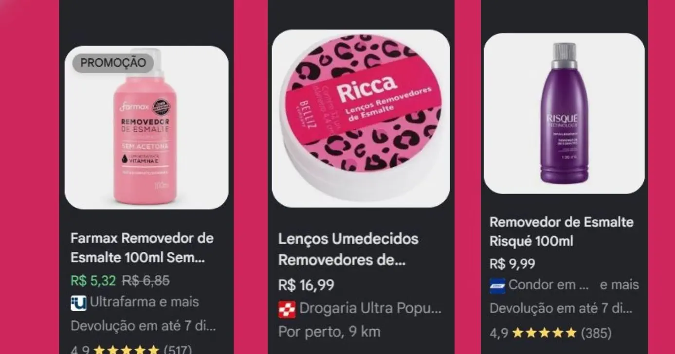 Removedores de esmalte populares (Foto Reprodução/Lennita/TV Foco/Canva/Google Shopping)