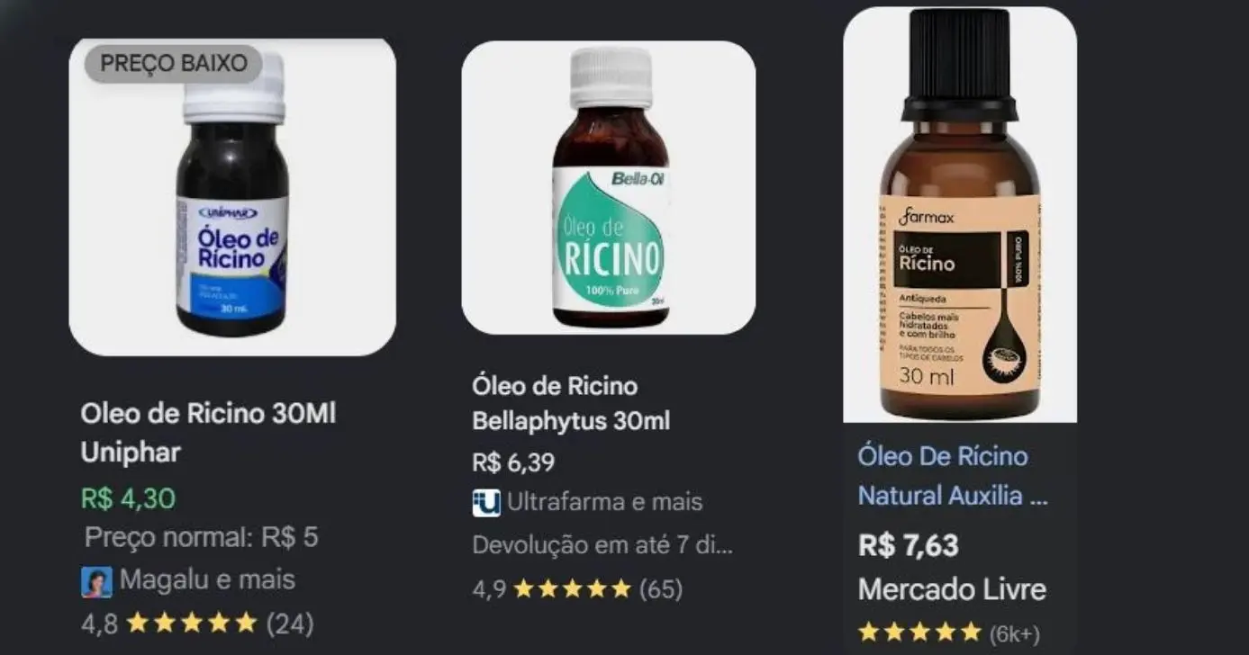 Média do óleo de rícino (Foto Reprodução/Montagem/Lennita/TV Foco/Canva/Google Shopping) Média do óleo de rícino (Foto Reprodução/Montagem/Lennita/TV Foco/Canva/Google Shopping)