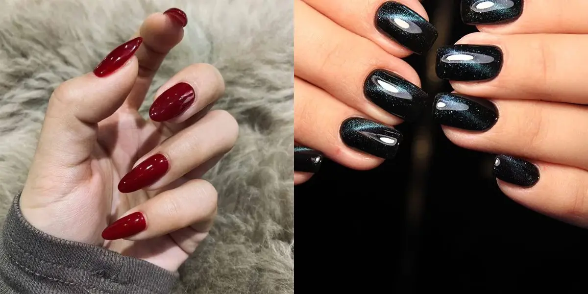 Unha vermelho cereja e preto vinil (Reprodução: Montagem TV Foco)