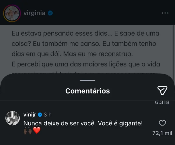 Vini Jr. se solidariza com Virginia (Foto: Reprodução / Instagram) Vini Jr. se solidariza com Virginia (Foto: Reprodução / Instagram)