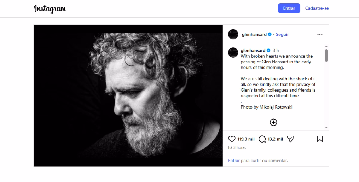Comunicado da morte de Glen Hansard (Foto: Reprodução/ Instagram)