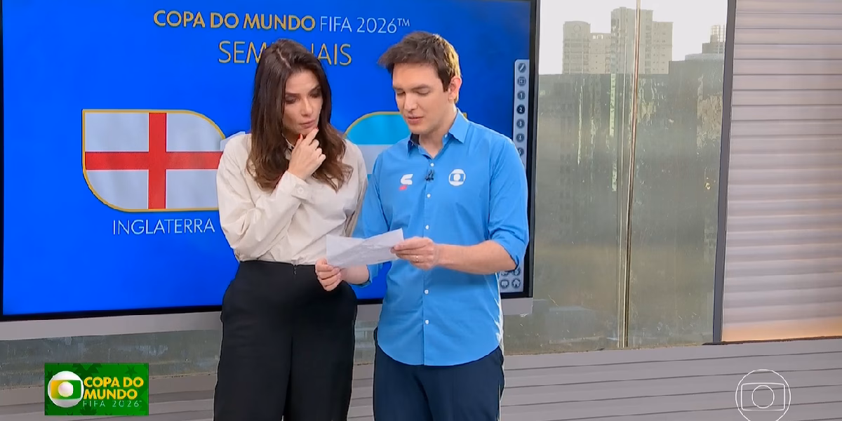 Sabina Simonato a Alessandro Jodar minutos depois no BDSP falando sobre Copa (Foto: Reprodução/ Globoplay)