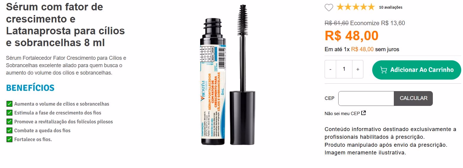 Sérum com fator de crescimento e Latanaprosta para cílios e sobrancelhas (Foto Reprodução/Biostévi Pharma)