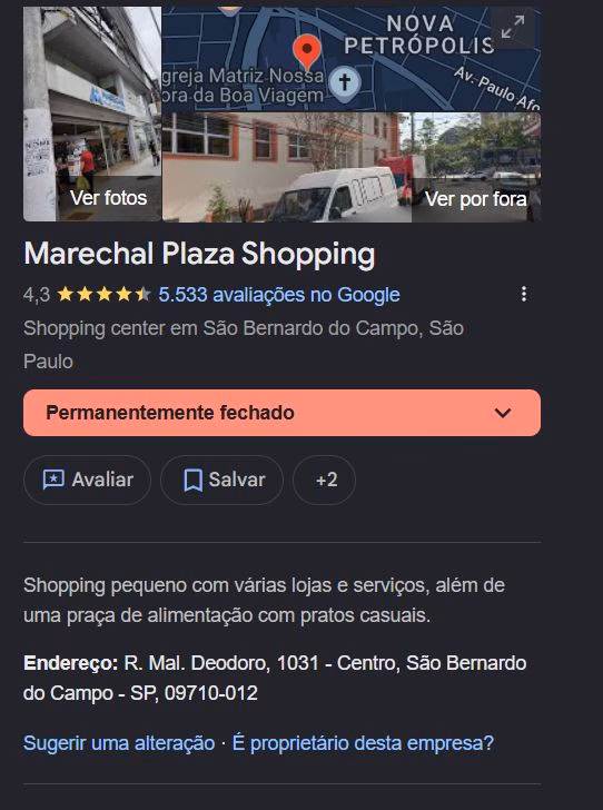 Status do Marechal Plaza Shopping no Google Maps (Foto Reprodução/Maps) Status do Marechal Plaza Shopping no Google Maps (Foto Reprodução/Maps)