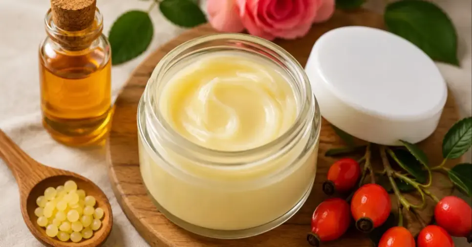 Creme facial com óleo de rosa mosqueta para acabar com a pele ressecada (Foto: Gerada por IA)
